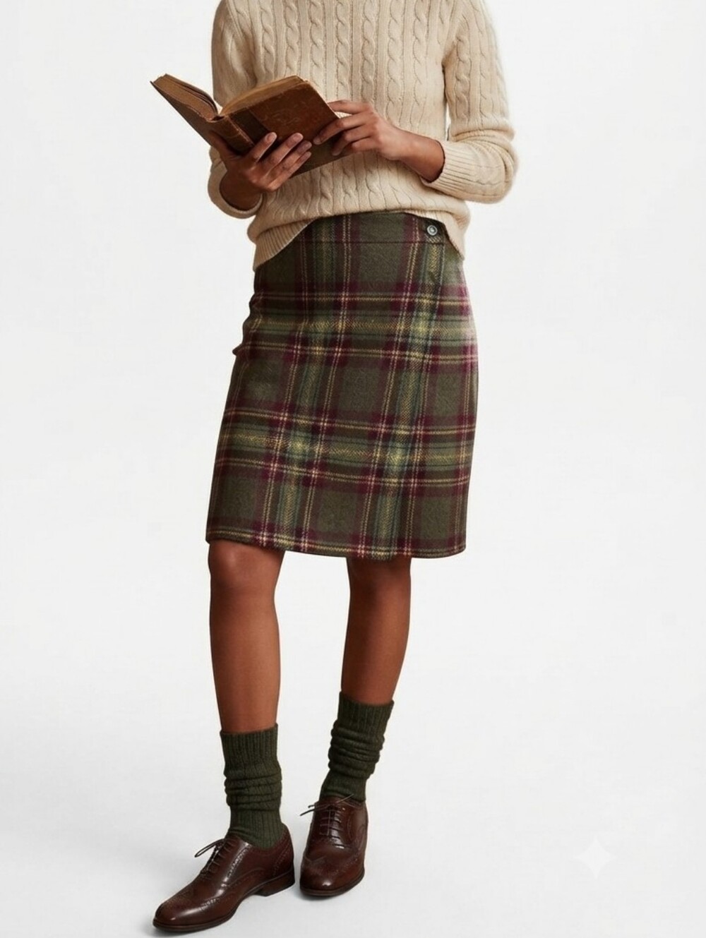 Kate Hill Tartan Wool Blend Wrap Plaid Skirt Vintage Academia Olive Green 12P
